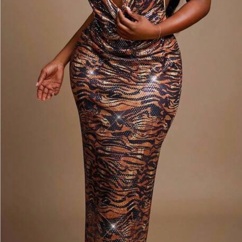 Sequin Animal Print Bodycon Maxi Dress - Bronze & Black